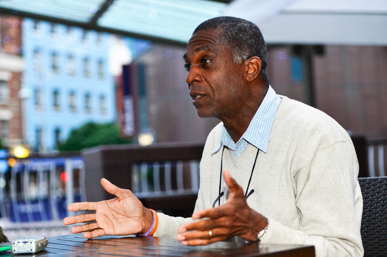 Michael Holding talks during an interview with ESPNcricinfo