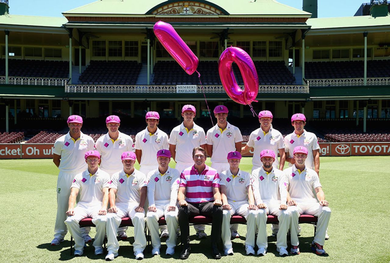 Australia's players pose with their baggy pink caps alongside Glenn McGrath at the SCG, Sydney, January 3, 2015