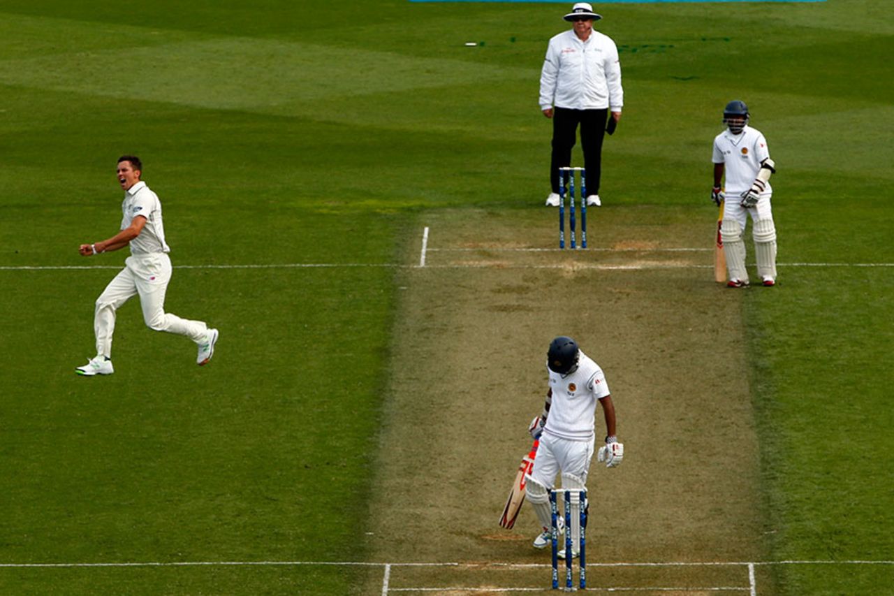 Trent Boult is delighted after dismissing Dimuth Karunaratne, New Zealand v Sri Lanka, 2nd Test, Wellington, 1st day, January 3, 2015