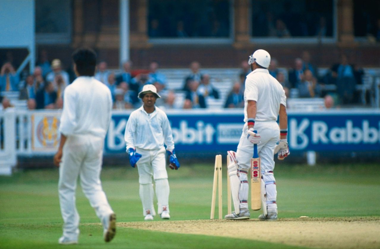 Graham Gooch is bowled by Manoj Prabhakar, England v India, first Test, Lord's, July 27, 1990