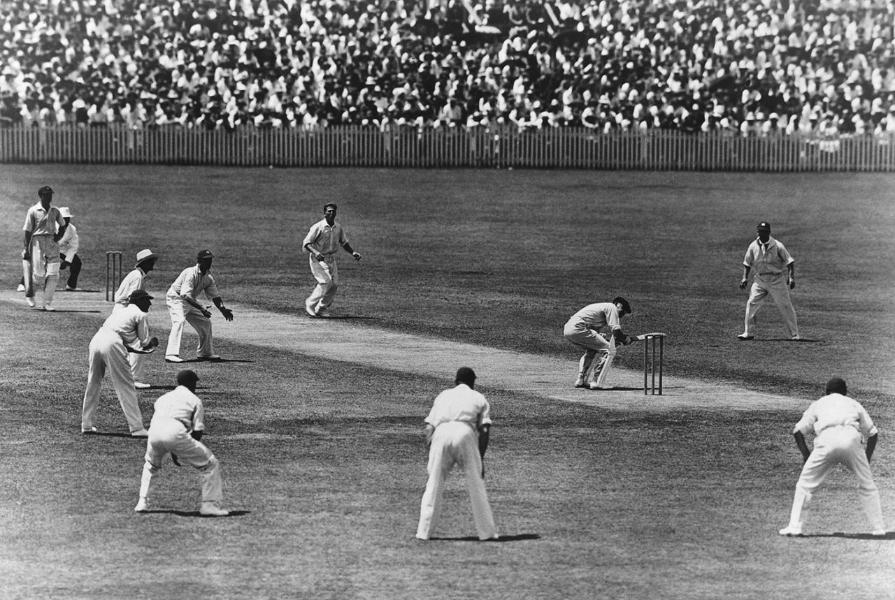 Bill Woodfull ducks a ball from Harold Larwood in a classic image from the Bodyline series, Australia v England, 3rd Test, Adelaide, January 16, 1933