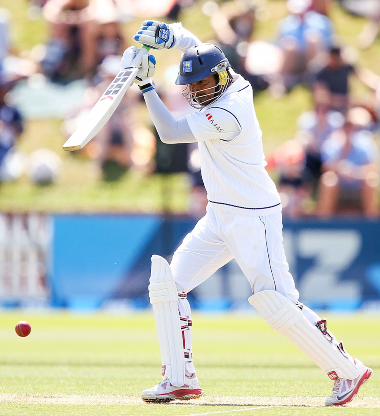 Kumar Sangakkara defends to the off side, New Zealand v Sri Lanka, 2nd Test, Wellington, 2nd day, January 4, 2015