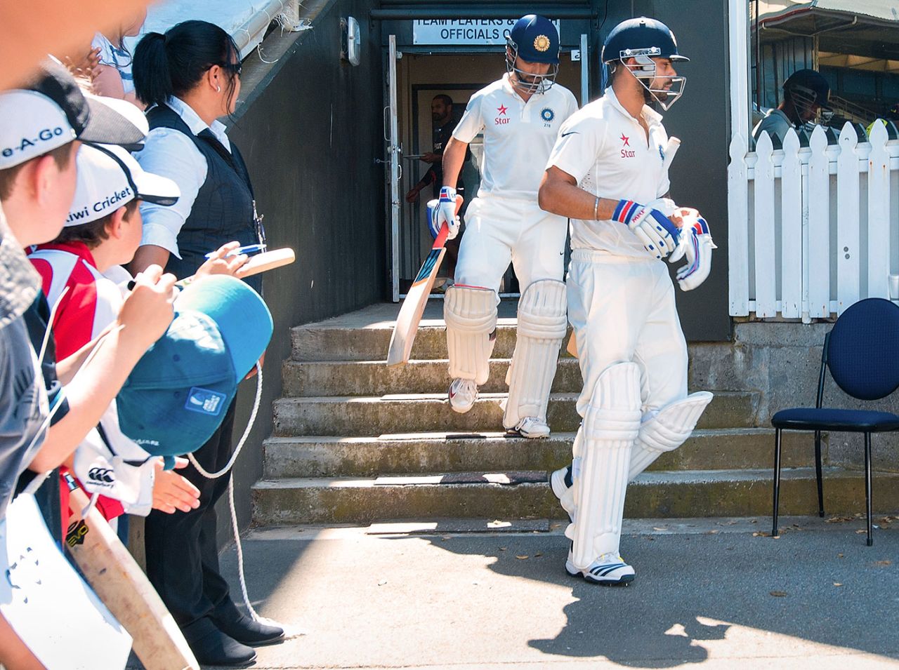Virat Kohli and Ajinkya Rahane walk out to bat after lunch, New Zealand v India, 2nd Test, 2nd day, Wellington, February 15, 2014