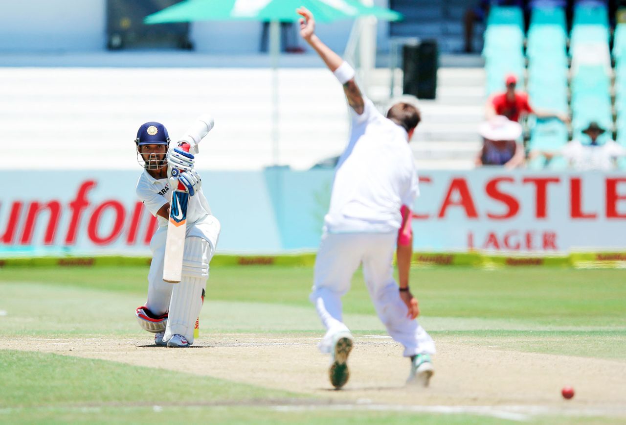 Ajinkya Rahane demonstrates the straight drive, South Africa v India, 2nd Test, Durban, 5th day, December 30, 2013