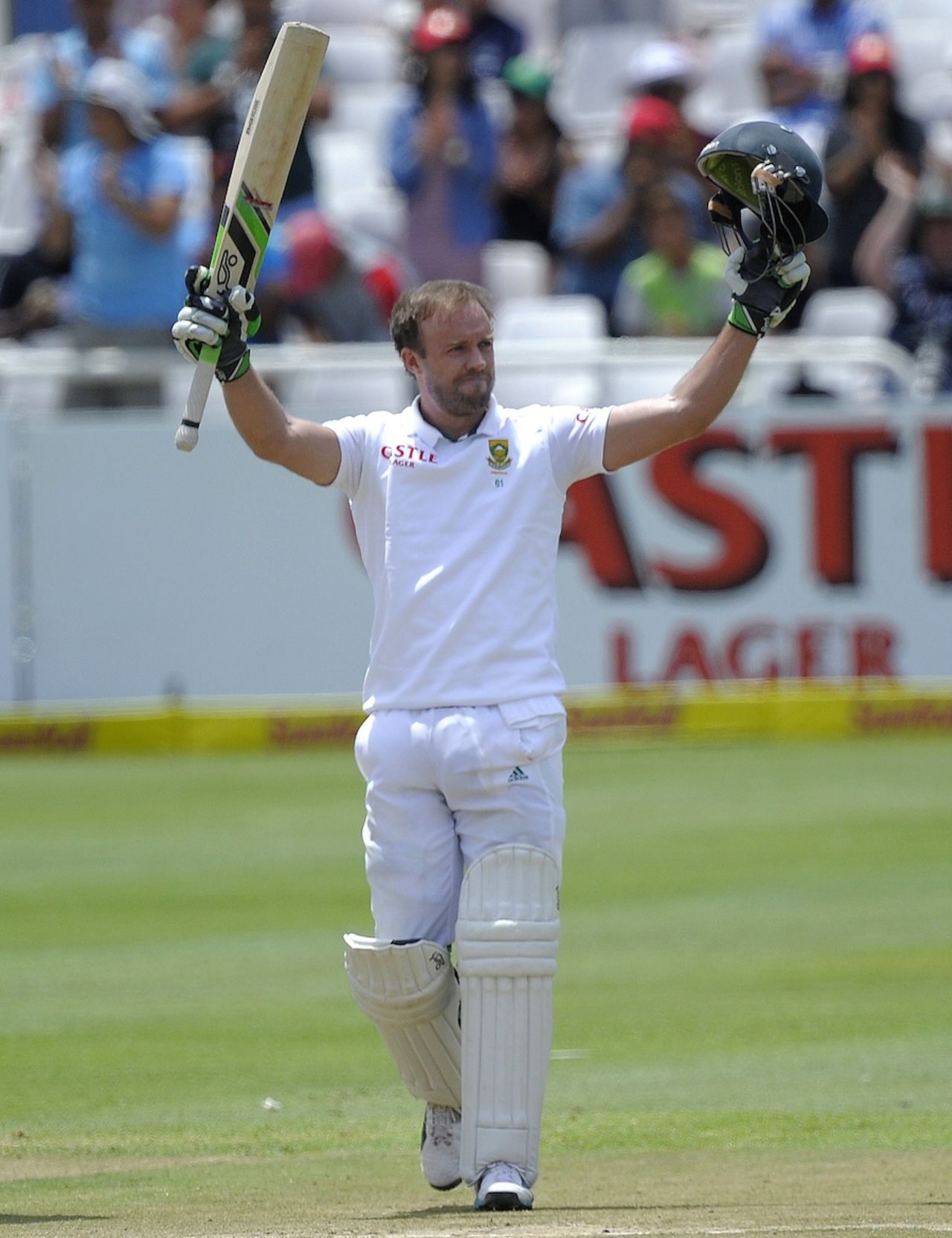 AB de Villiers celebrates his 21st hundred, South Africa v West Indies, 3rd Test, Cape Town, 3rd day, January 4, 2015