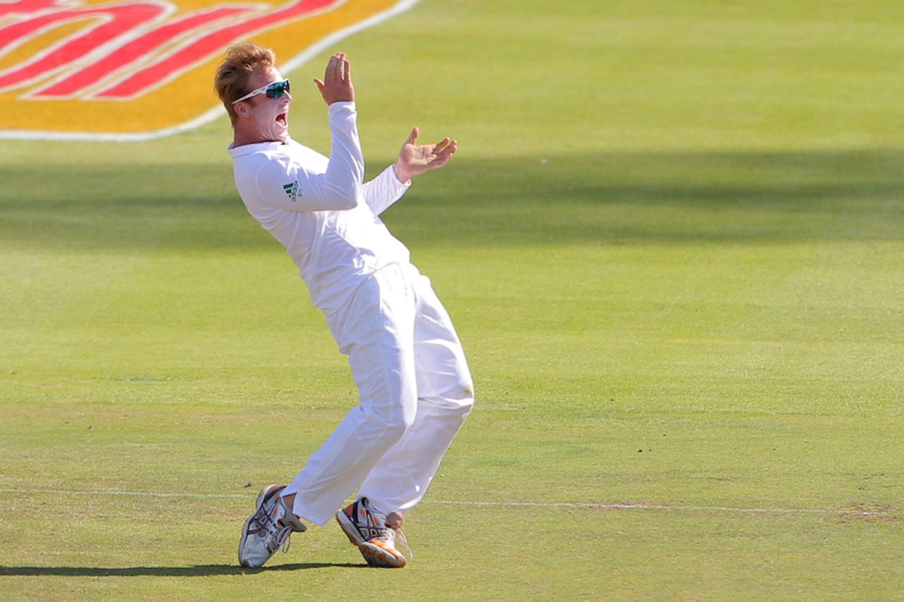 Simon Harmer is thrilled after dismissing Kraigg Brathwaite, South Africa v West Indies, 3rd Test, Cape Town, 3rd day, January 4, 2015