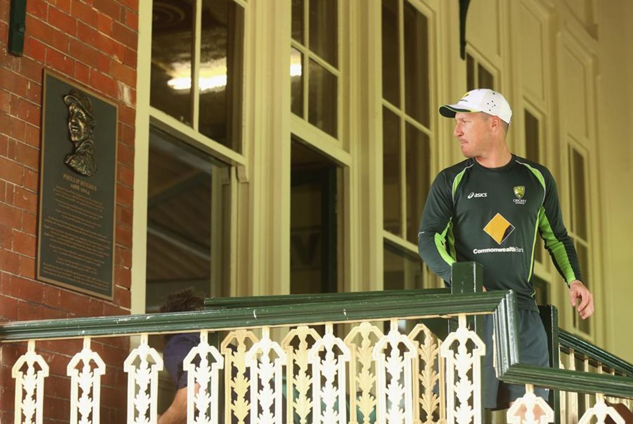 Brad Haddin looks at a memorial plaque for Phillip Hughes that has been installed at the SCG, Sydney, January 5, 2015