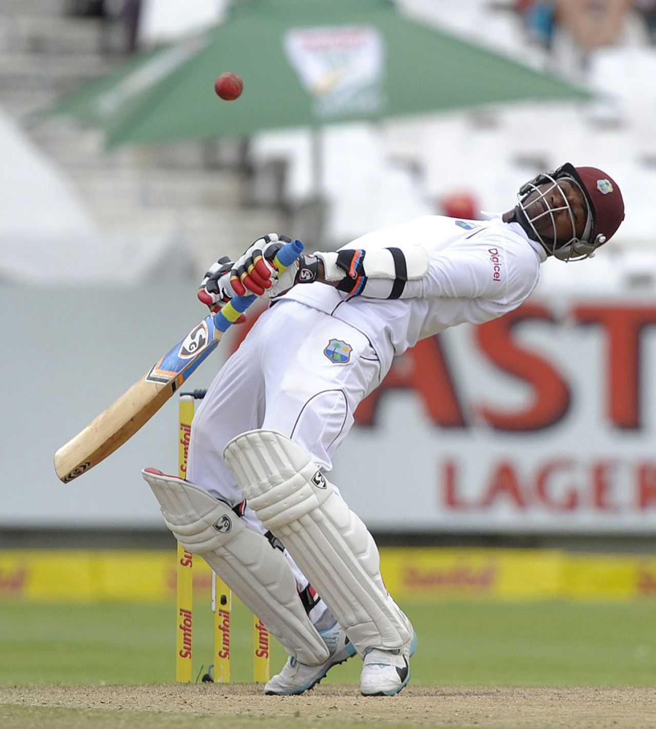 Marlon Samuels sways after from a bouncer, South Africa v West Indies, 3rd Test, Cape Town, 4th day, January 5, 2014
