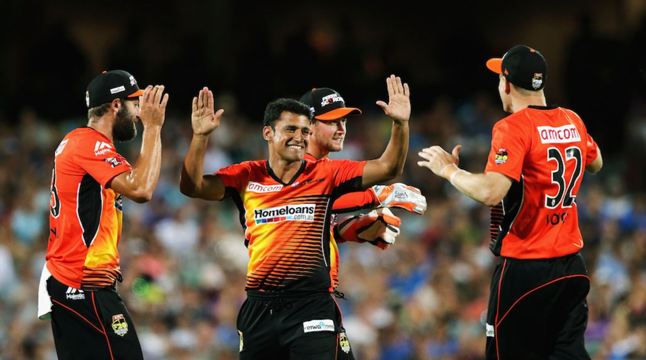 Yasir Arafat is all smiles after taking a wicket, Adelaide Strikers v Perth Scorchers, Big Bash League 2014-15, Adelaide, January 6, 2015