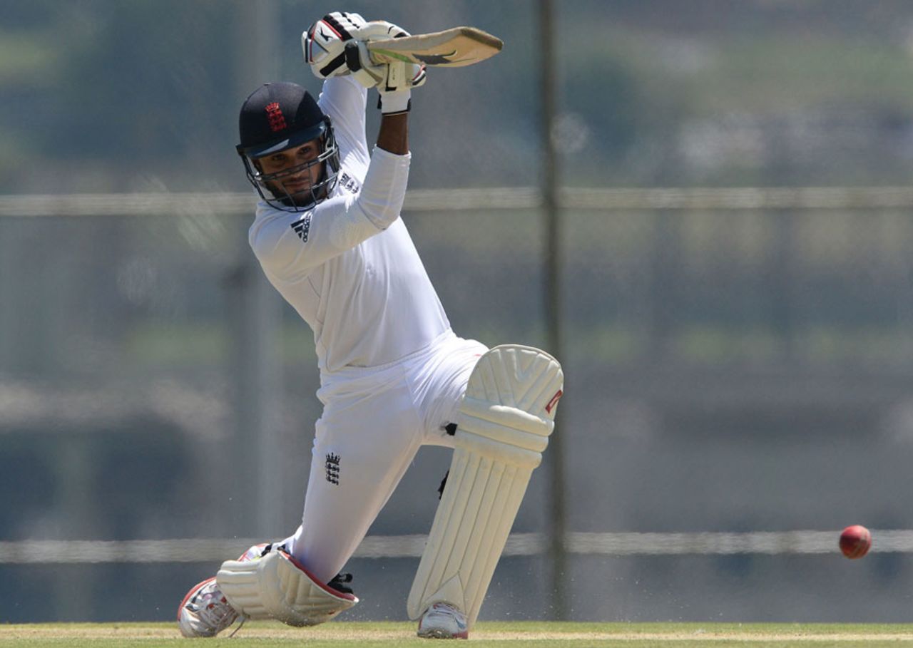 Adil Rashid gets on the front foot to drive, Gauteng Invitational XI v England Lions, Tour match, Soweto, 2nd day, January 6, 2015