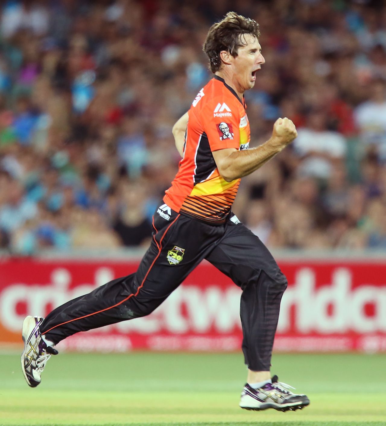 Brad Hogg produced frugal figures of 2 for 11 from four overs, Adelaide Strikers v Perth Scorchers, Big Bash League 2014-15, Adelaide, January 6, 2015