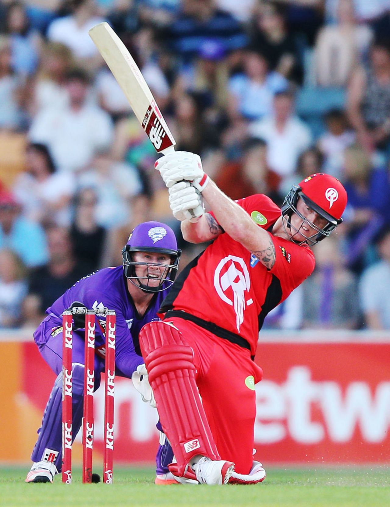 Ben Stokes launches a six during his 77, Hurricanes v Renegades, BBL 2014-15, Hobart, January 7, 2015