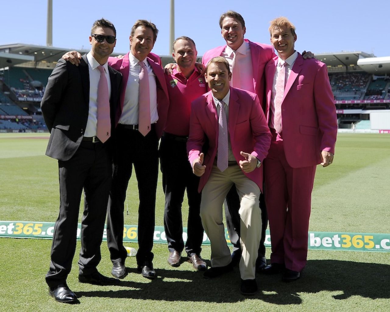 Michael Clarke, Mark Nicholas, Michael Slater, Shane Warne, Glenn McGrath and Brett Lee wear pink on Jane McGrath Day, Australia v India, 4th Test, Sydney, 3rd day, January 8, 2015