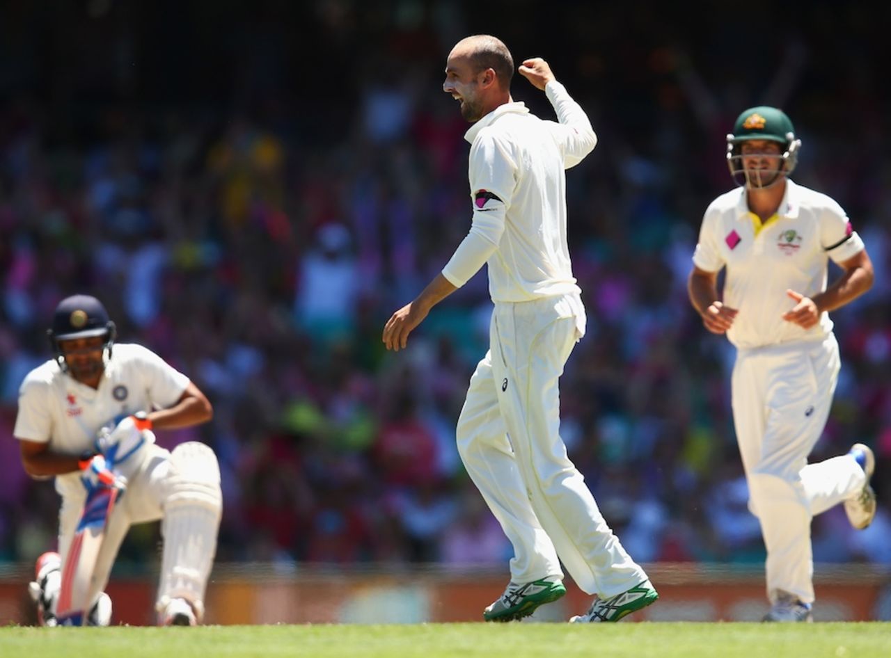 Nathan Lyon celebrates Rohit Sharma's wicket, Australia v India, 4th Test, Sydney, 3rd day, January 8, 2015