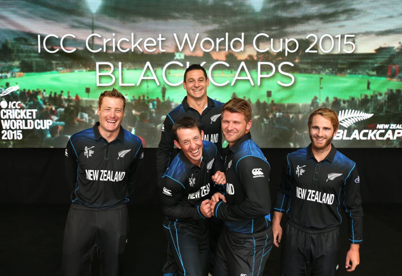 New Zealand players fool around at the launch of their World Cup squad, Christchurch, January 8, 2015