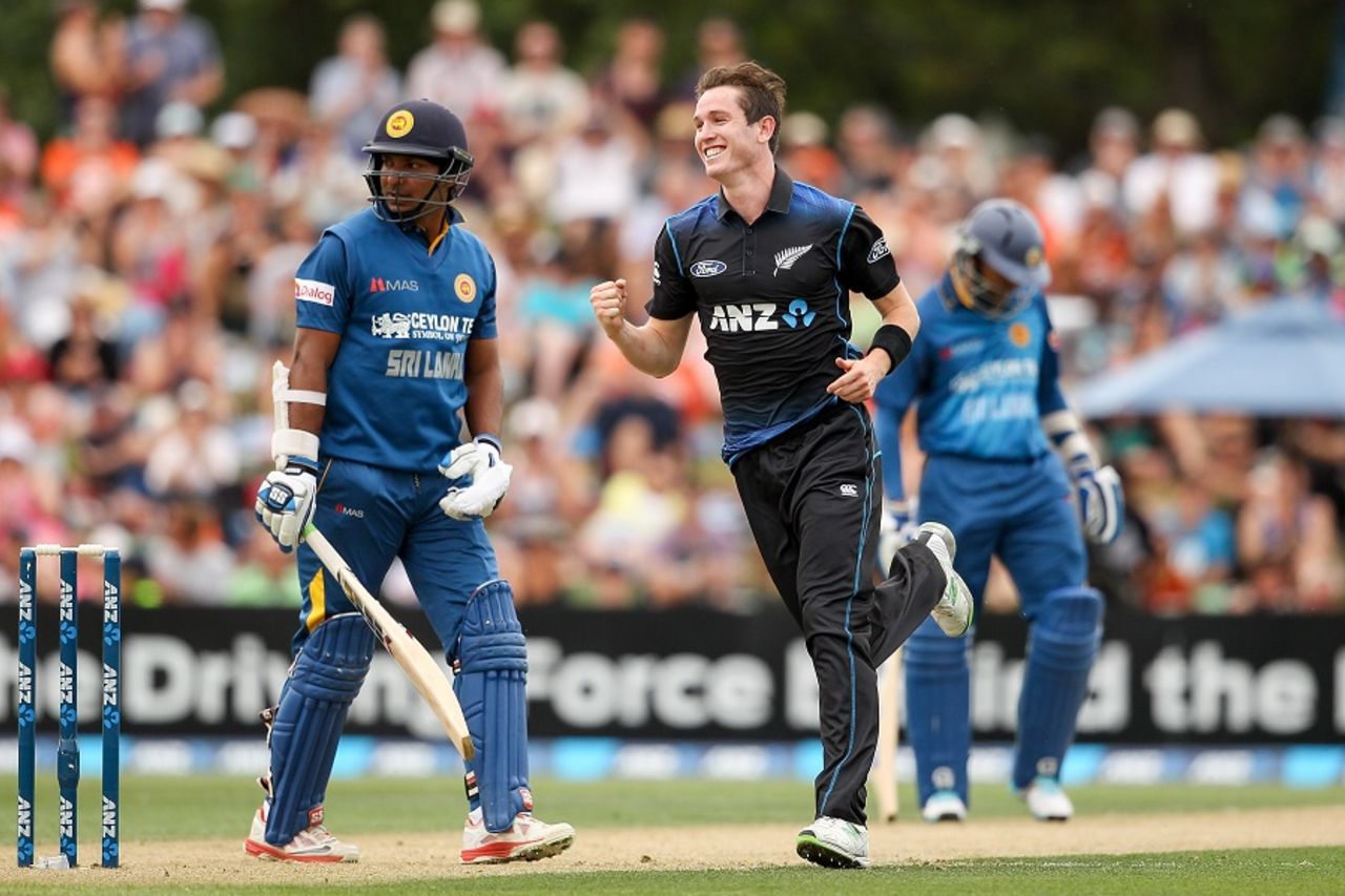 Adam Milne celebrates Kumar Sangakkara's wicket, New Zealand v Sri Lanka, 1st ODI, Christchurch, January 11, 2015