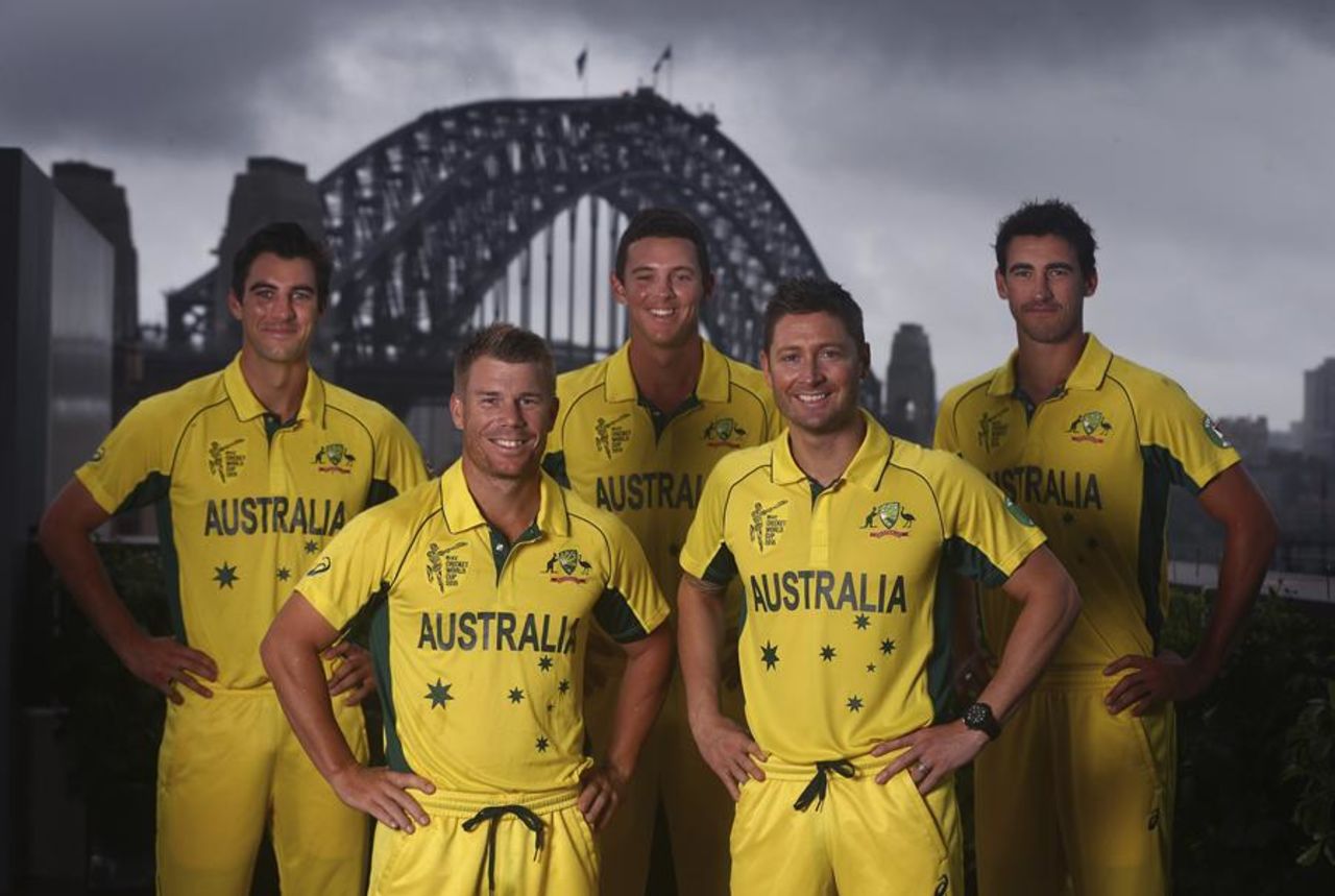 Pat Cummins, David Warner, Josh Hazlewood, Michael Clarke and Mitchell Starc in their World Cup uniform, Sydney, January 11, 2015