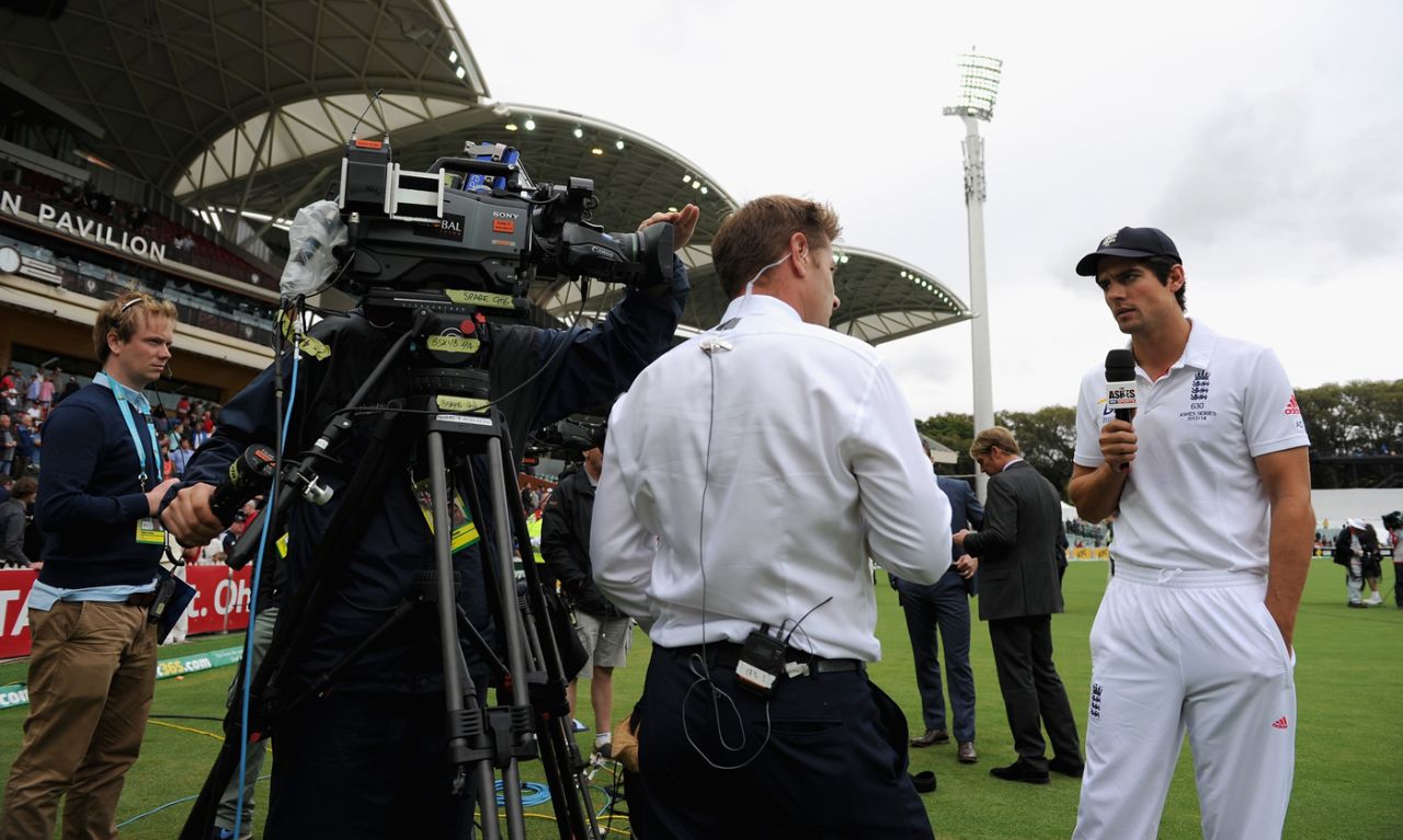 Ian Ward of Sky Sports speaks to Alastair Cook, day five, Australia v England, second Test, Adelaide, December 9, 2013