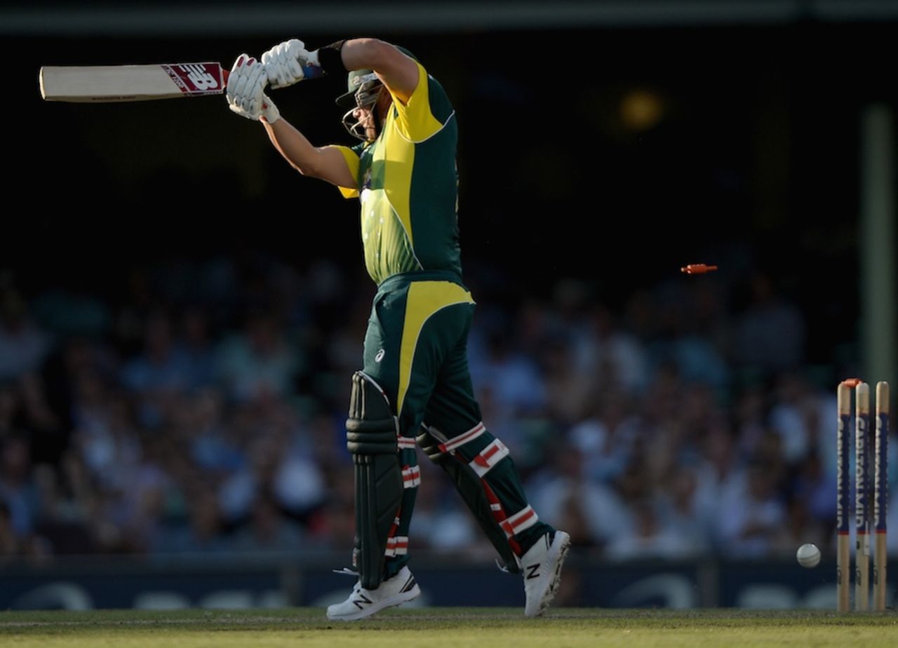 Aaron Finch was bowled for 15, Australia v England, Carlton Mid Tri-Series, Sydney, January 16, 2015