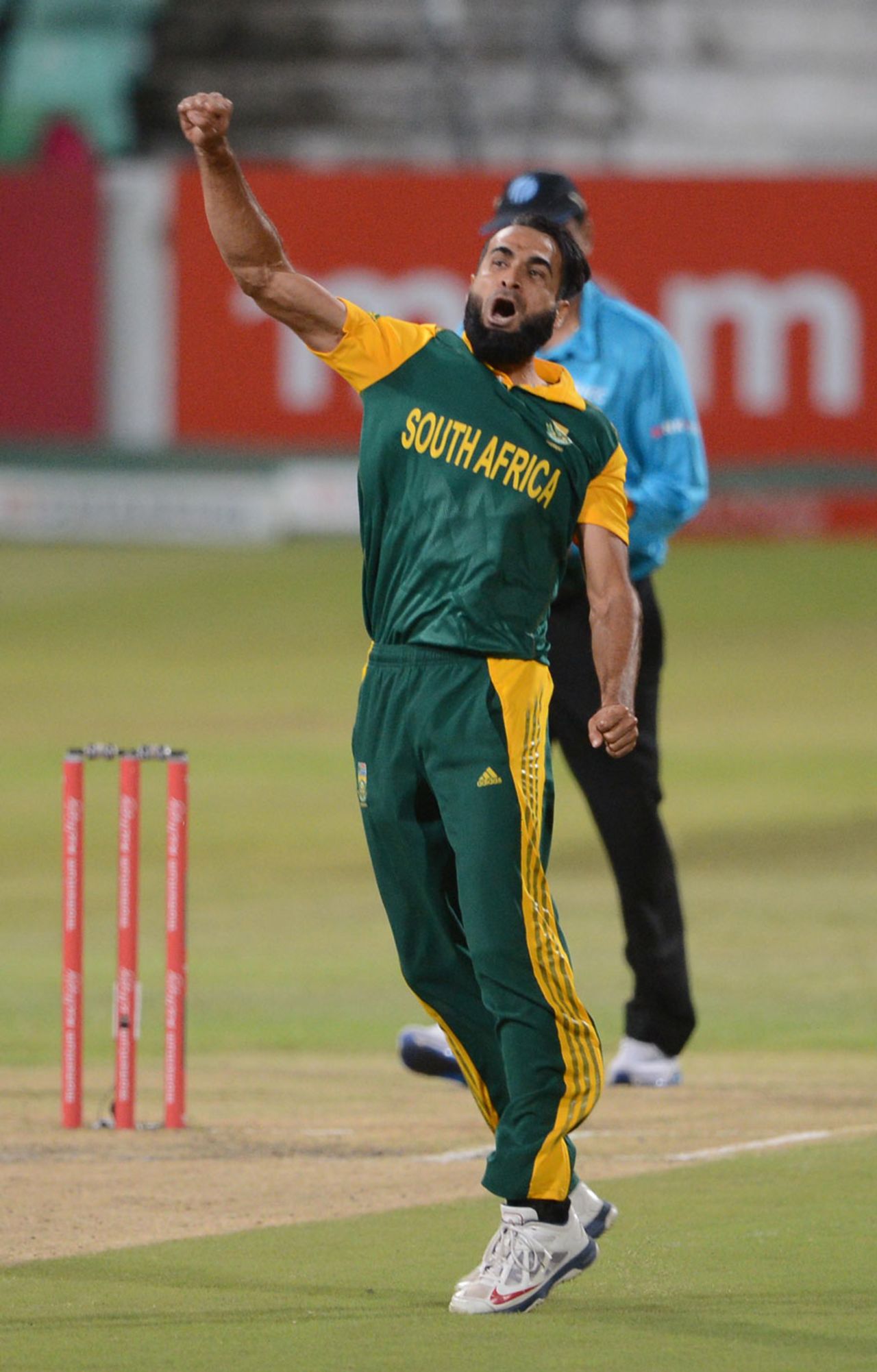 Imran Tahir celebrates one of his three wickets, South Africa v West Indies, 1st ODI, Durban, January 16, 2015