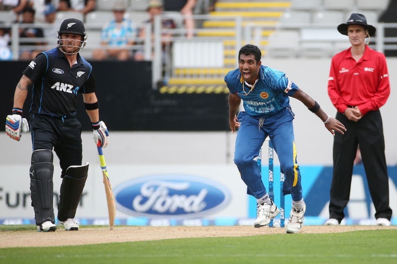 A few of Dhammika Prasad's appeals were turned down in his first spell, New Zealand v Sri Lanka, 3rd ODI, Auckland, January 17, 2015