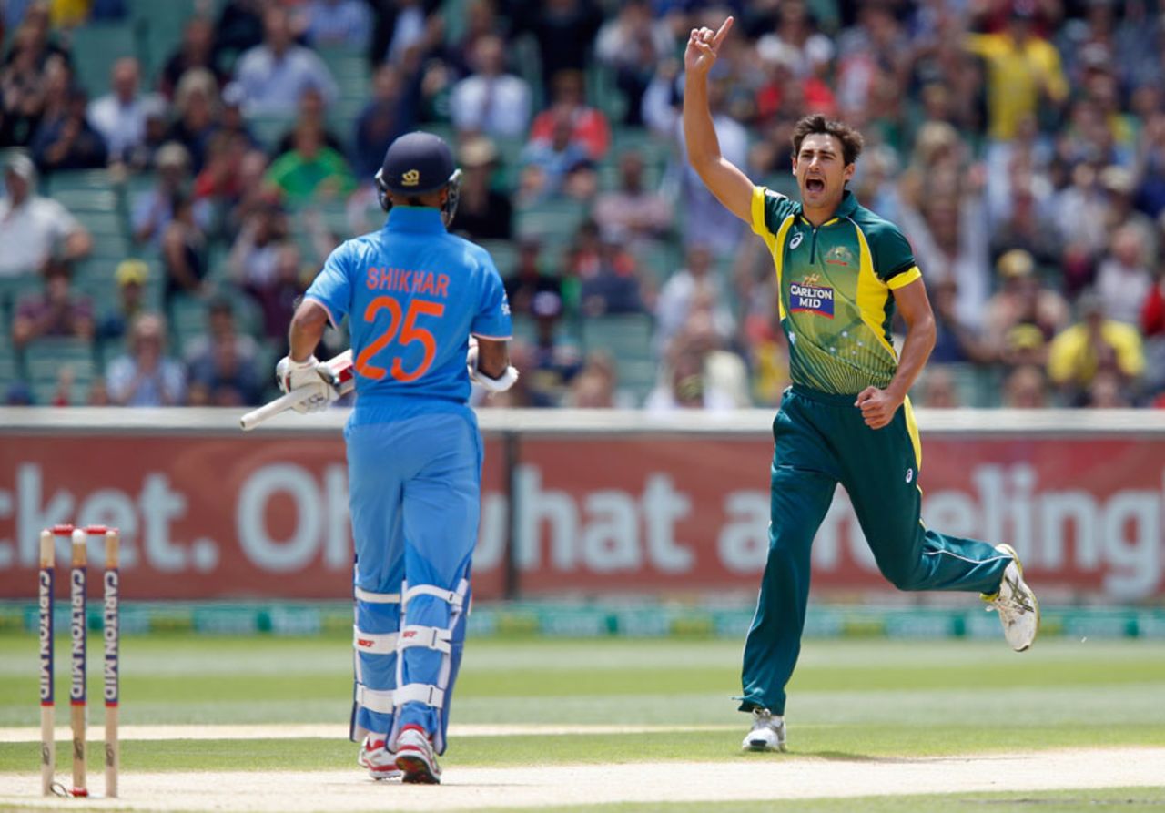 Mitchell Starc dismissed Shikhar Dhawan for 2 in the first over of the game, Australia v India, Carlton Mid Tri-series, Melbourne, January 18, 2015