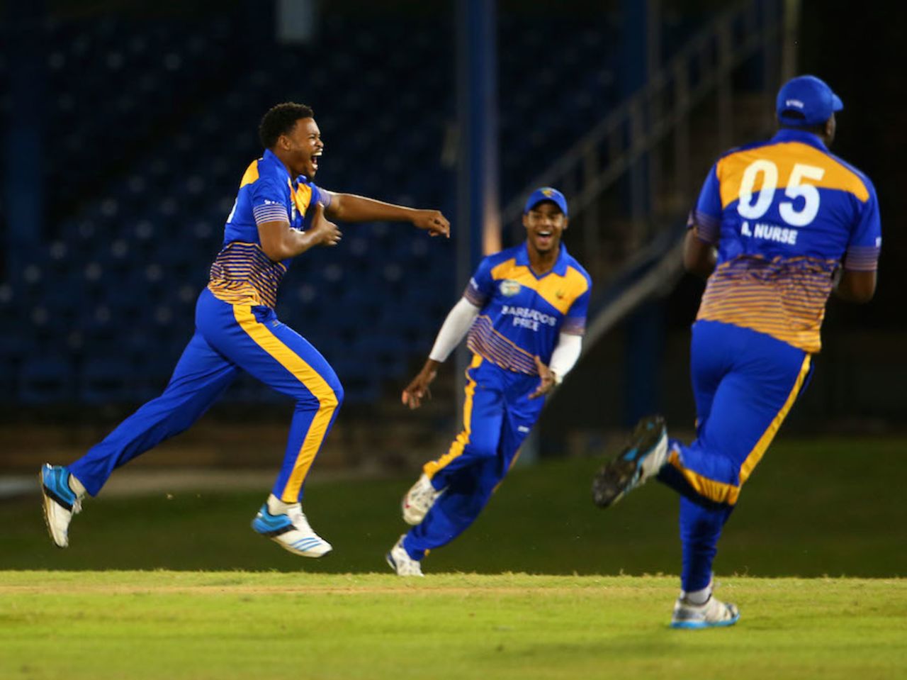 Javon Searles is pumped after taking a wicket, Barbados v Guyana, Nagico Super50 2015, Port of Spain, January 17, 2015