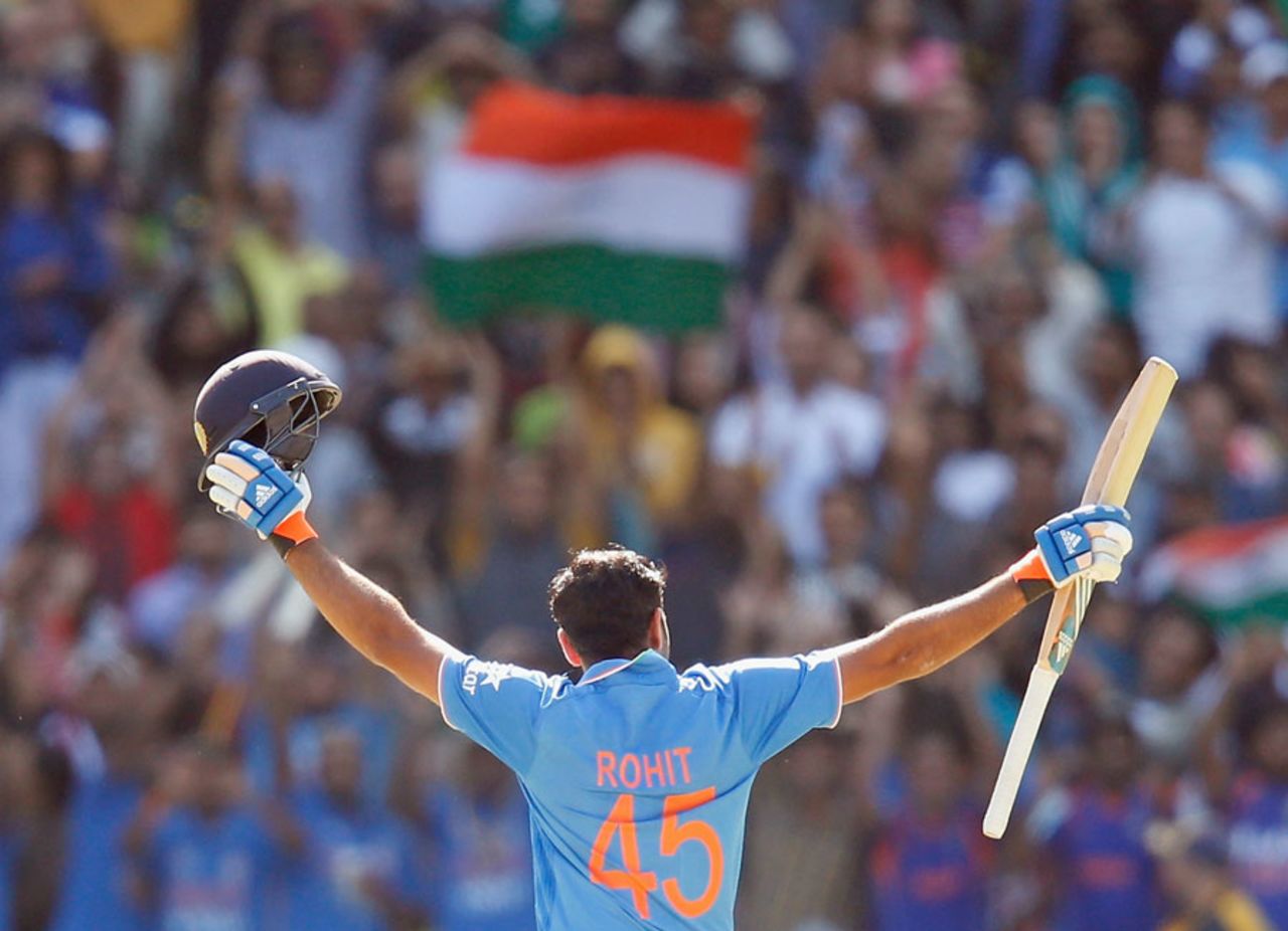 Rohit Sharma acknowledges the crowd after reaching his hundred, Australia v India, Carlton Mid Tri-series, Melbourne, January 18, 2015