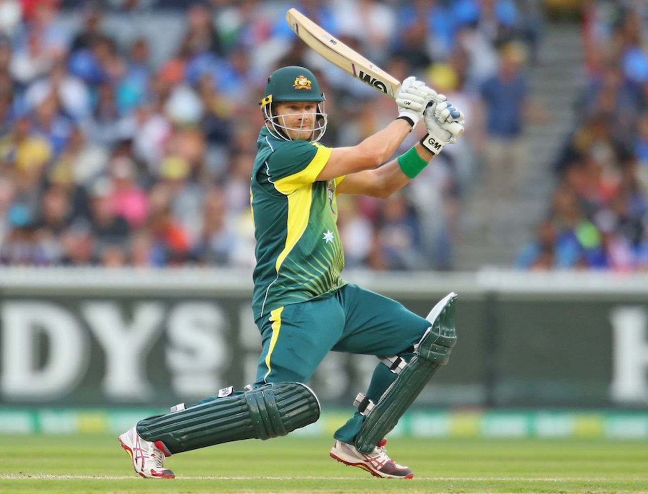 Shane Watson drives on the off side, Australia v India, Carlton Mid Tri-series, Melbourne, January 18, 2015