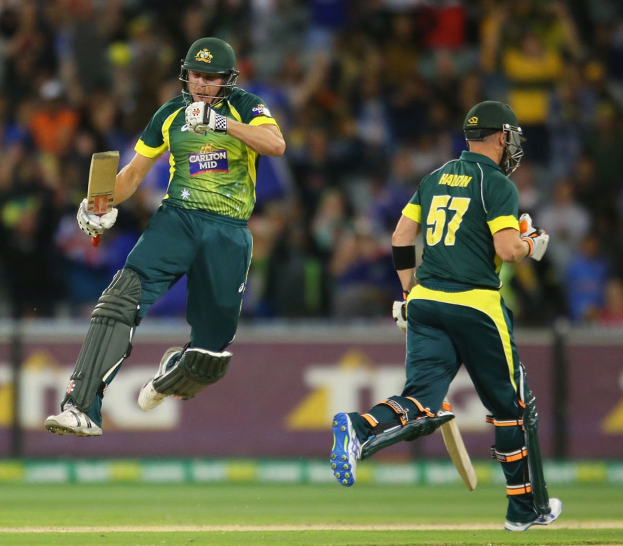 James Faulkner leaps in joy after hitting the winning runs, Australia v India, Carlton Mid Tri-series, Melbourne, January 18, 2015