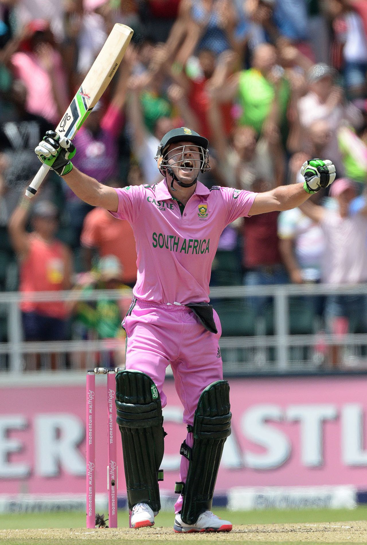 AB de Villiers celebrates his record-breaking century, South Africa v West Indies, 2nd ODI, Johannesburg, January 18, 2015