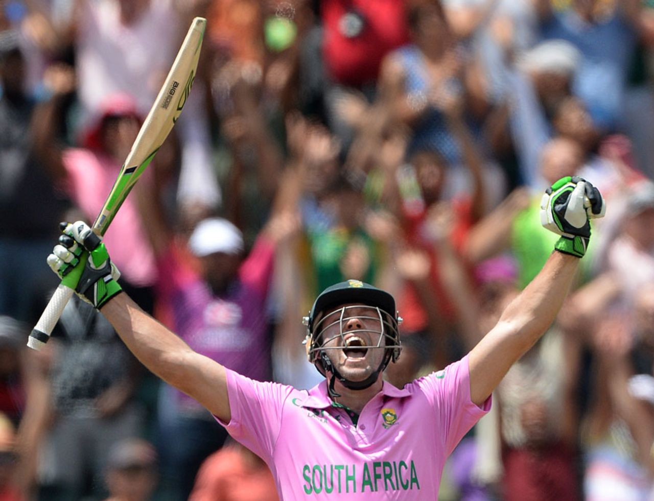 AB de Villiers raises his arms after a stunning 31-ball hundred, South Africa v West Indies, 2nd ODI, Johannesburg, January 18, 2015