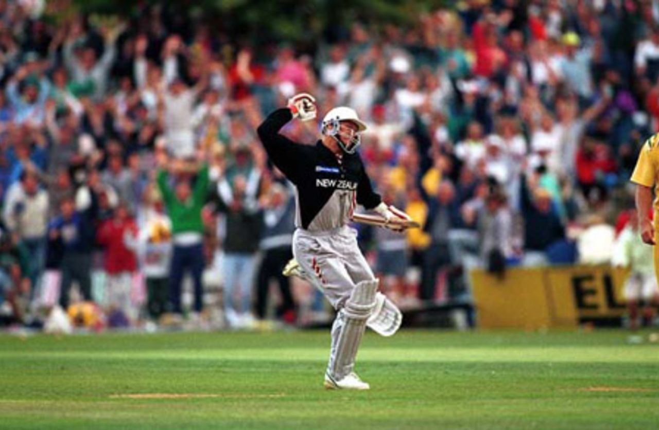 New Zealand batsman Jeff Wilson celebrates hitting the winning runs. 4th ODI: New Zealand v Australia at Trust Bank Park, Hamilton, 27 March 1993.
