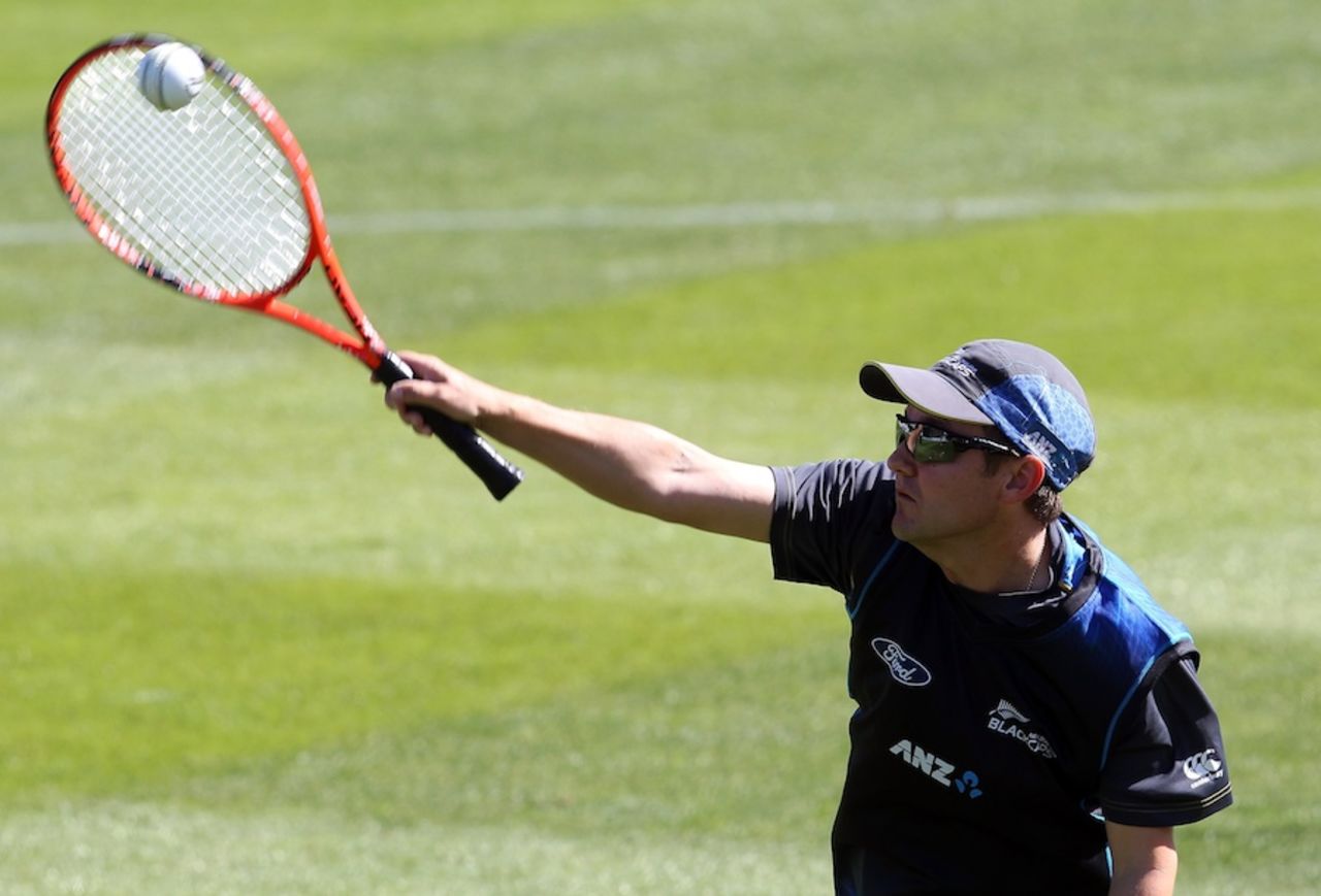 New Zealand coach Mike Hesson hits a ball during practice, New Zealand v Sri Lanka, 5th ODI, Dunedin, January 23, 2015