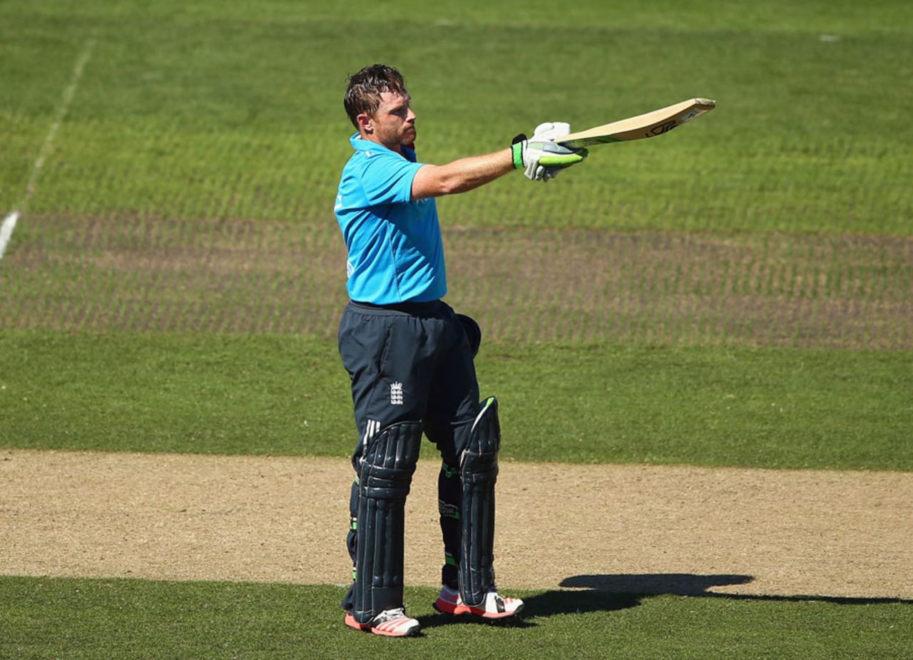 Ian Bell raises his bat after scoring his fourth ODI century, Australia v England, Carlton Mid Tri-Series, Hobart, January 23, 2015