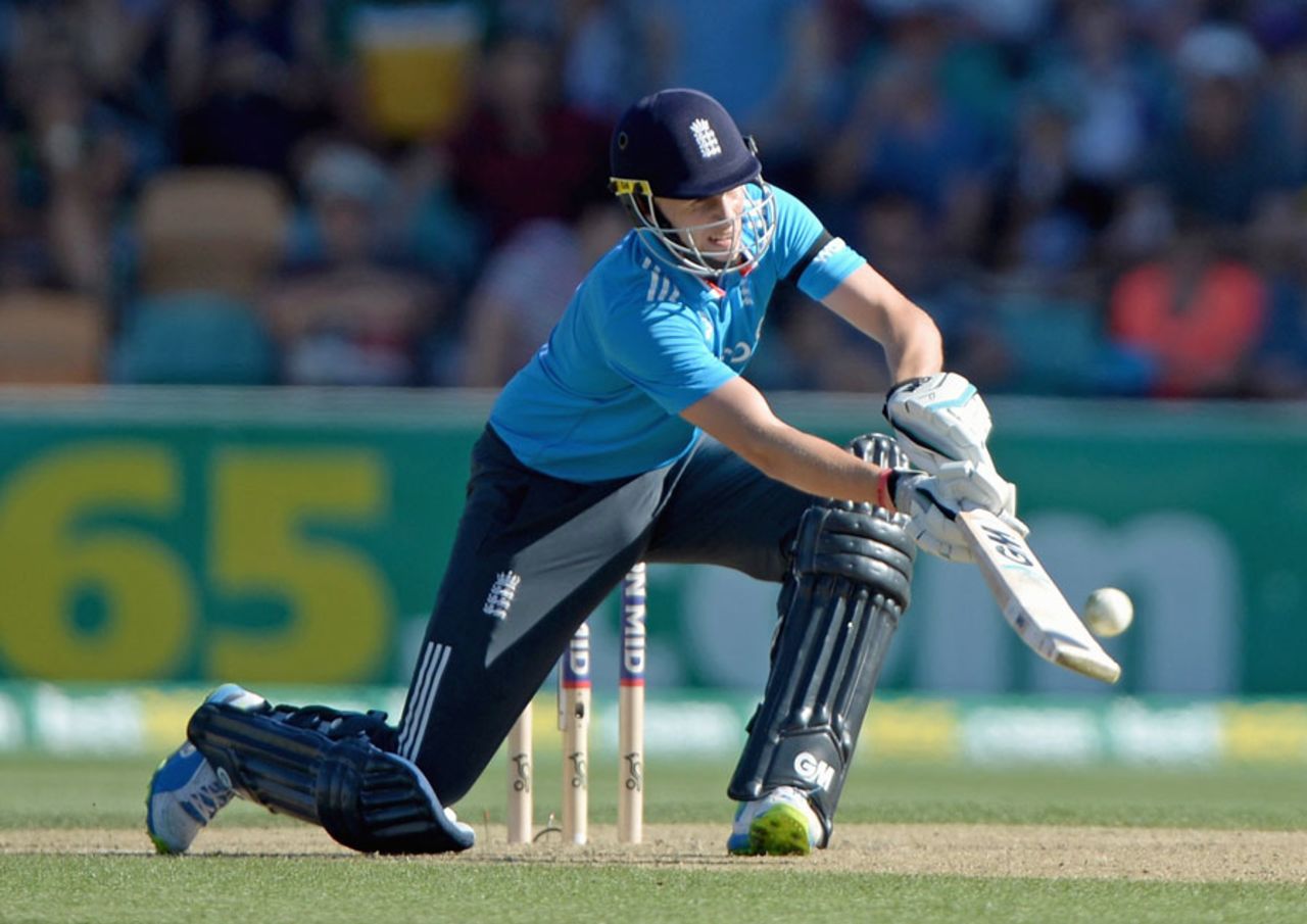 Joe Root plays the scoop shot during his innings of 69, Australia v England, Carlton Mid Tri-Series, Hobart, January 23, 2015