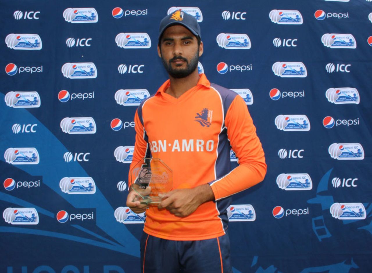 Ahsan Malik was named Man of the Match for his five-for, Netherlands v Uganda, ICC World Cricket League Division Two, Windhoek, January 23, 2015