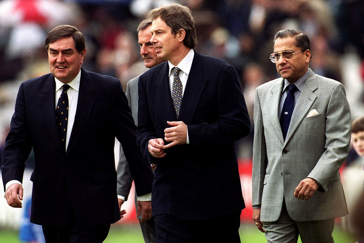 Tony Lewis, Tony Blair, Lord MacLaurin and Jagmohan Dalmiya at the 1999 World Cup opening ceremony, Lord's, May 14, 1999