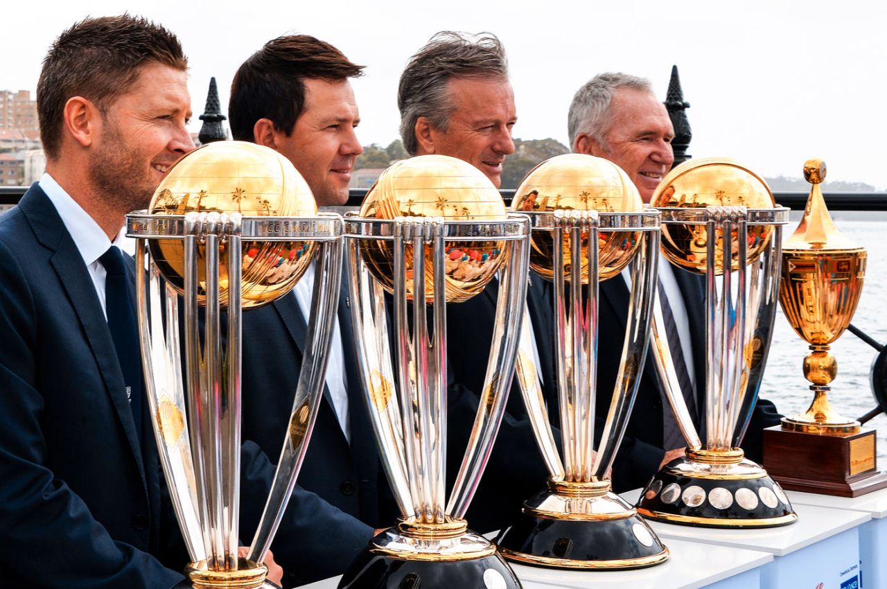 Ricky Ponting, Michael Clarke, Allan Border and Steve Waugh with the World Cup trophy, Sydney, November 6, 2014
