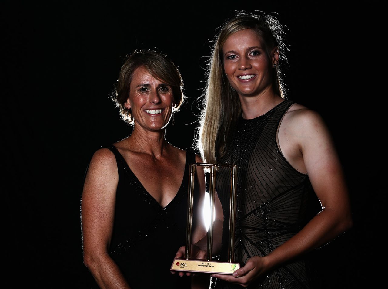 Meg Lanning with the Belinda Clark Award and Belinda Clark, Sydney, January 27, 2015