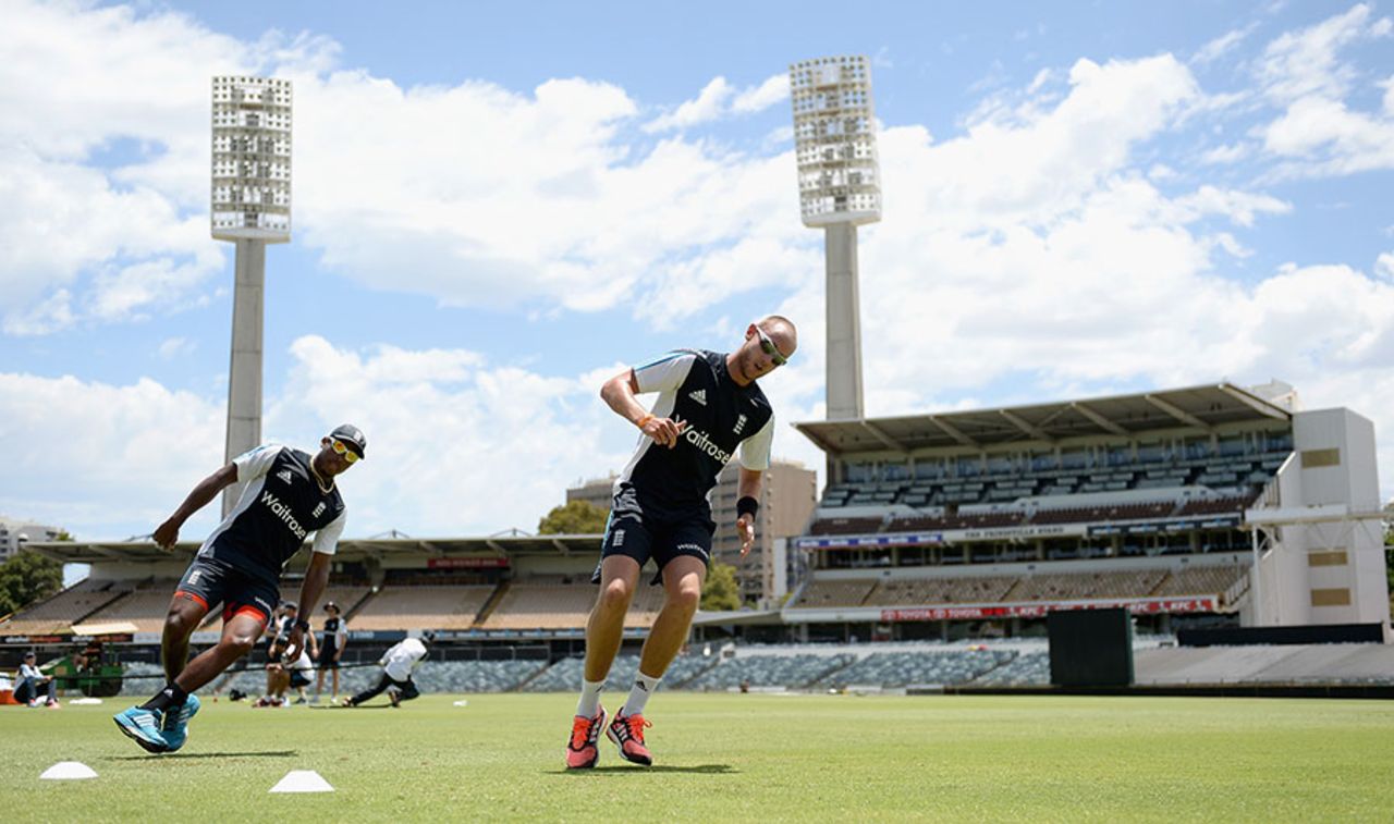 And turn: Chris Jordan and Stuart Broad are put through their paces at the WACA, Perth, January 27, 2015