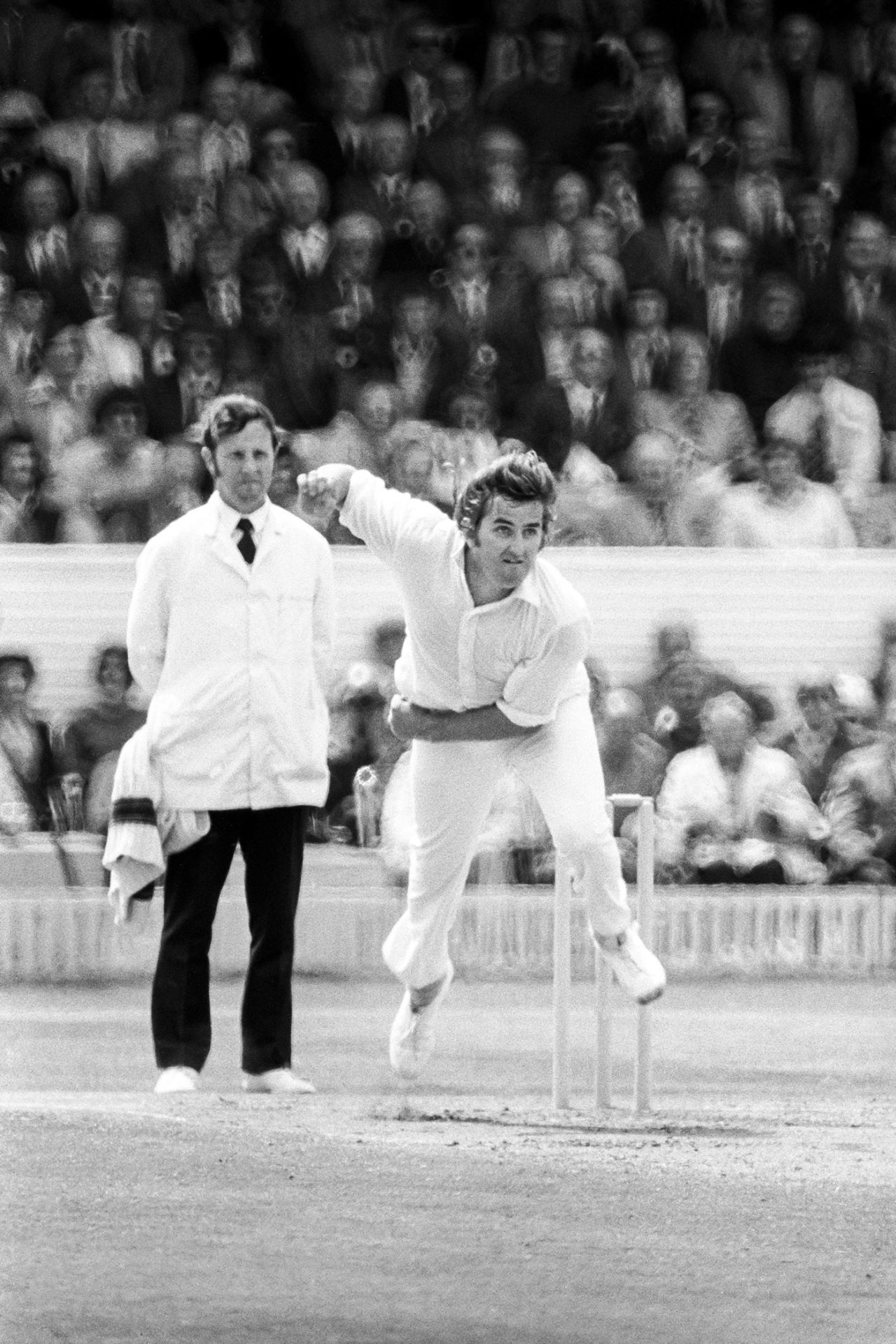 Gary Gilmour bowls, England, 1975