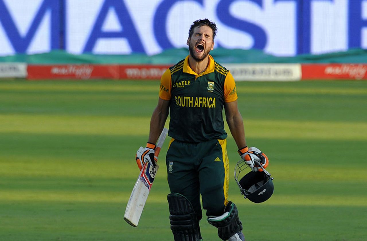Rilee Rossouw celebrates his 83-ball hundred, South Africa v West Indies, 5th ODI, Centurion, January 28, 2015