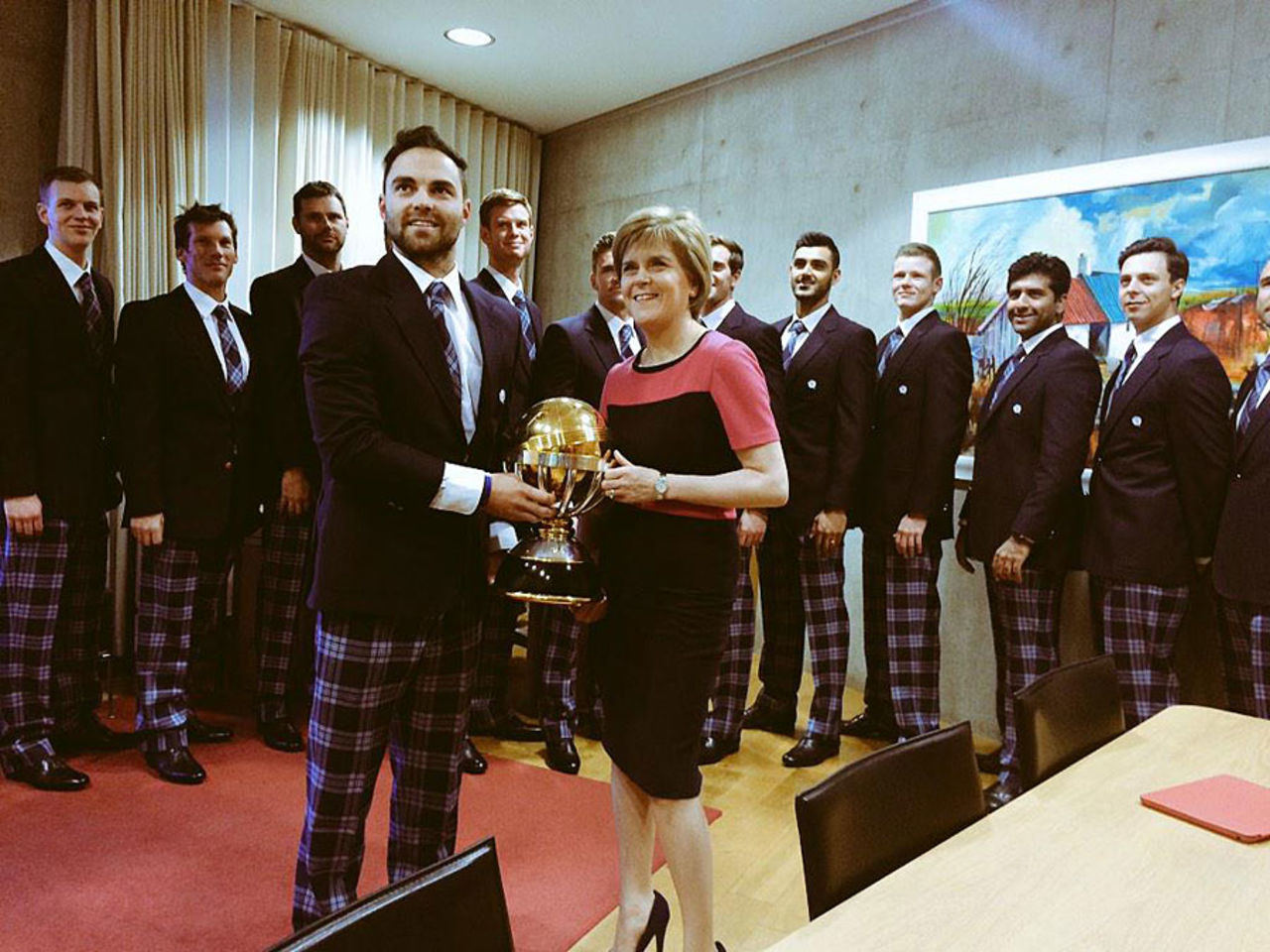 The Scotland World Cup squad, suitably attired in tartan trousers, meet Nicola Sturgeon, Scotland's First Minister ahead of leaving for Australia and New Zealand, before departing for the World Cup, January 29, 2015