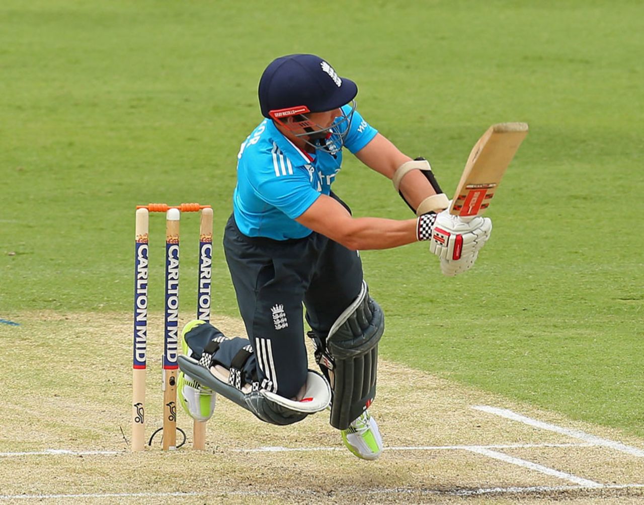 James Taylor gets off his toes to play the ball through the leg side, England v India, Carlton Mid Tri-series, Perth, January 30, 2015
