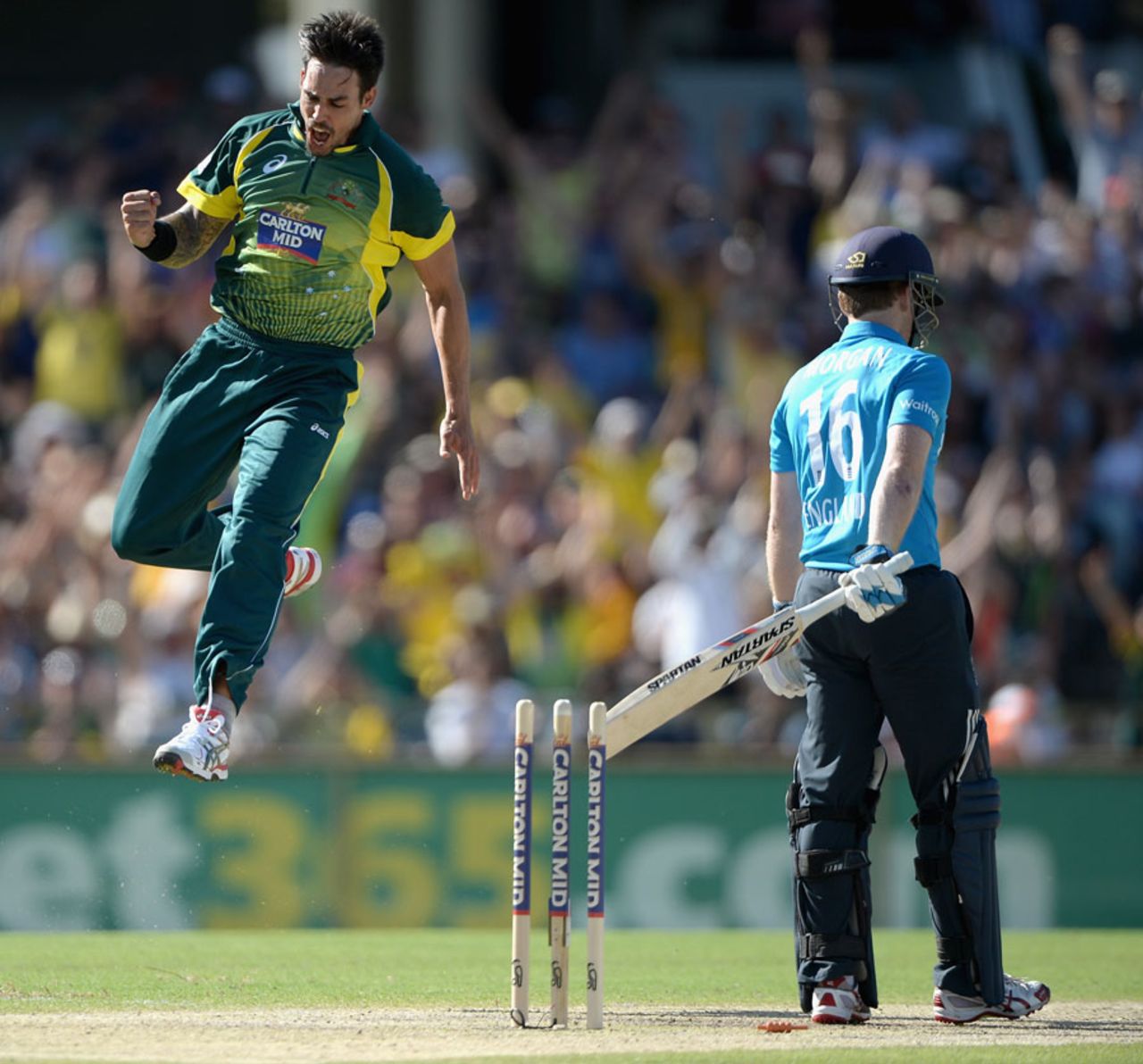 Mitchell Johnson leaps in joy after bowling Eoin Morgan, Australia v England, Carlton Mid Tri-series final, Perth, February 1, 2015