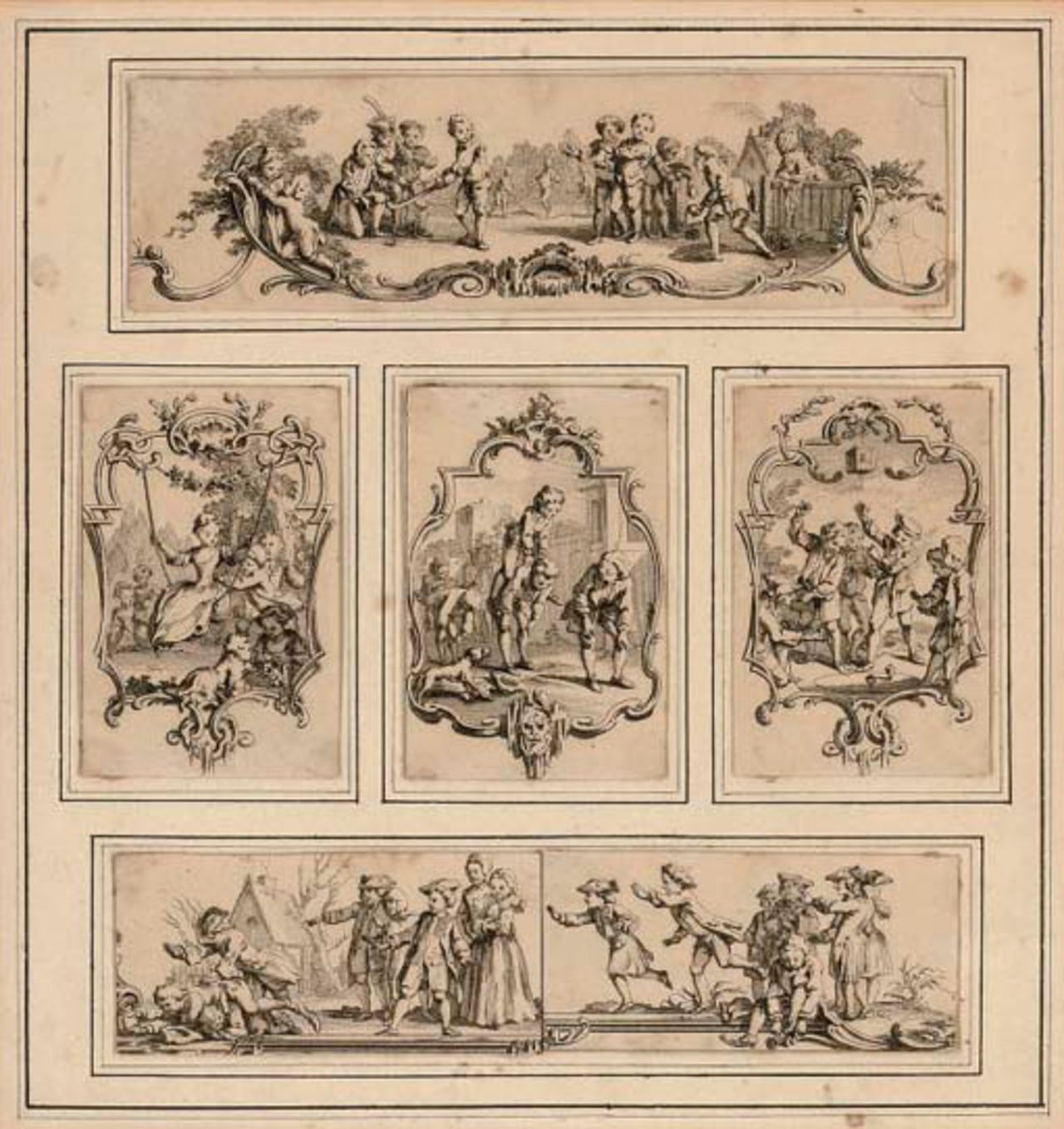 An illustration of children playing cricket, "The game of cricket", 1739
