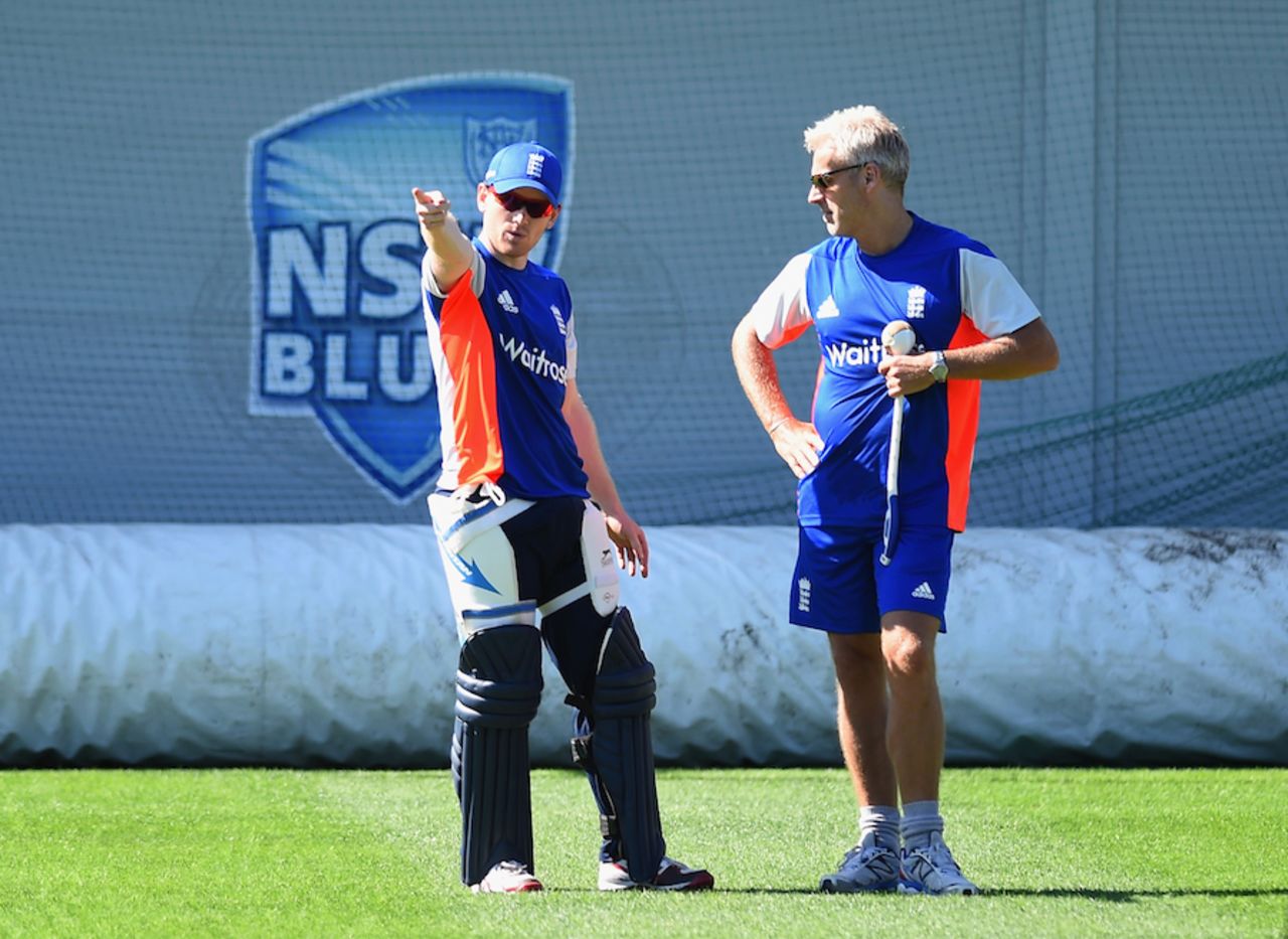 Eoin Morgan and Peter Moores have a chat in the nets, World Cup 2015, Sydney, February 7, 2015