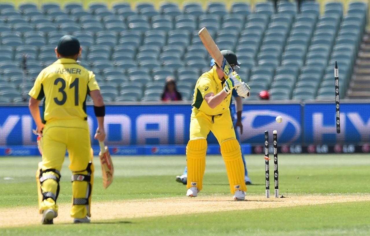 Steven Smith moved too far across and was bowled, Australia v India, World Cup warm-ups, Adelaide, February 8, 2015 
