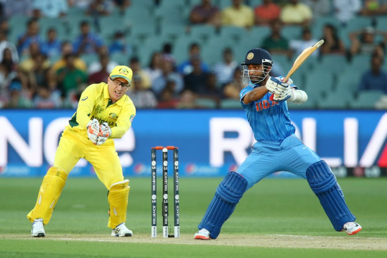 Ajinkya Rahane cuts to point, Australia v India, World Cup warm-ups, Adelaide, February 8, 2015
